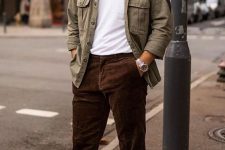 12 a white t-shirt, an army jacket, brown corduroy pants, white sneakers for a simple and comfortable look