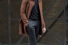 22 a stylish look with a black turtleneck, grey pants, white sneakers, a brown trench coat is suitable for work
