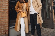 23 a chic outfit with a white turtleneck, thin stripe pants, white sneakers, a tan trench is very elegant