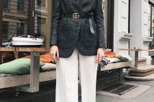 23 a lovely fall work look with a grey oversized blazer, a logo belt, white trousers and white boots is amazing