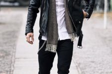 27 an everyday look with black jeans, a black leather jacket, black boots, a white shirt, a grey scarf is cool