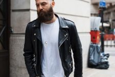 28 a white t-shirt, black jeans, a black leather moto jacket for a super stylish and cool look