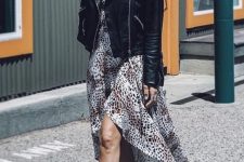 33 a pretty fall look with a snakeskin print midi dress, a black leather jacket, black boots is lovely