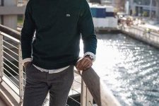 33 a white shirt, a dark green jumper, grey trousers, white sneakers for a stylish business casual outfit
