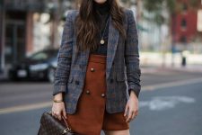 35 a gorgeous fall outfit with a black turtleneck, a rust-colored wrap mini, a grey plaid blazer, brown boots, a brown bag and a beret