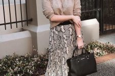 41 a simple work fall outfit wiht a taupe jumper, a snakeskin printed pleated midi, black heels and a black tote