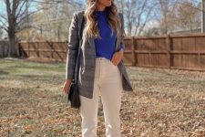 46 an electric blue jumper, white jeans, white loafers, a grey plaid blazer, a black crossbody bag for fall