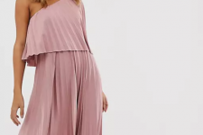 Pink pleated one shoulder knee-length dress