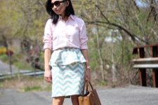With chevron printed skirt, brown tote bag and white pumps