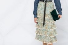 With floral printed tiered midi skirt, black belt, emerald velvet clutch and black lace up flat sandals