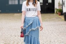 With labeled t-shirt, striped bag and floral printed platform sandals