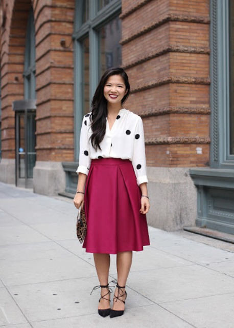 With marsala midi skirt, leopard printed clutch and black lace up high heels