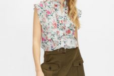 With olive green mini skirt