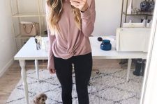 With pale pink loose shirt and black leggings