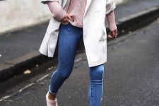 With pale pink sweater, cropped jeans and white cardigan