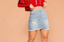 With red and navy blue crop shirt and brown lace up boots