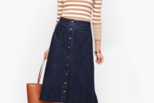 With striped shirt, brown tote bag and beige ankle strap shoes