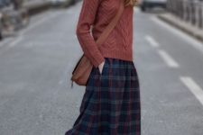 With sweater, checked midi skirt and crossbody bag