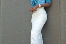 With white lace midi skirt and beige patent leather pumps