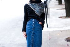 a black sweater, a scarf, a blue button up denim midi, grey boots for a fall or fall to winter look