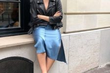 a blue slip midi dress, a black leather jacket, black velvet mules are a cool and easy look