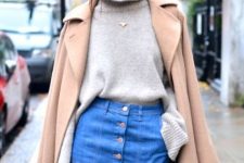 a grey jumper, a blue denim button up skirt, a tan coat and a burgundy crossbody bag for the fall