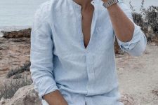a cool vacation outfit with a linen shirt