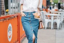 a white linen shirt, a blue denim button up midi, nude ankle strap heels and a retro bag for summer