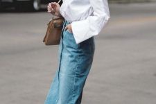 a white linen shirt, a blue denim midi skirt, brown lace up heels, a brown bag and sunglasses for a chic and relaxed look