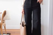 a white shirt, black culottes, tan loafers and a creamy tote for a very simple and timeless work look