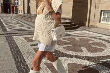 02 a creamy look with a white shirtdress, a creamy patterned waistcoat, creamy chunky boots and a bag for a comfy outfit