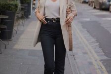 02 a white top, a neutral oversized blazer, black cropped jeans, snakeskin print loafers and a tan bag are great for the fall