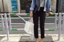 06 a very simple and cool outfit with a white t-shirt, black cropped jeans, a blue chambray shirt, white ballet flats and a white tote