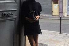 08 a total black look with a turtleneck, a denim mini skirt, booties and a large clutch is a cool idea for the fall