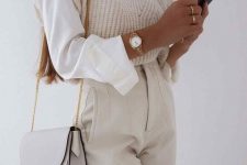 10 white high waisted pants, a white shirt, a creamy knit vest with ruffles and a dove grey bag for a neutral fall look