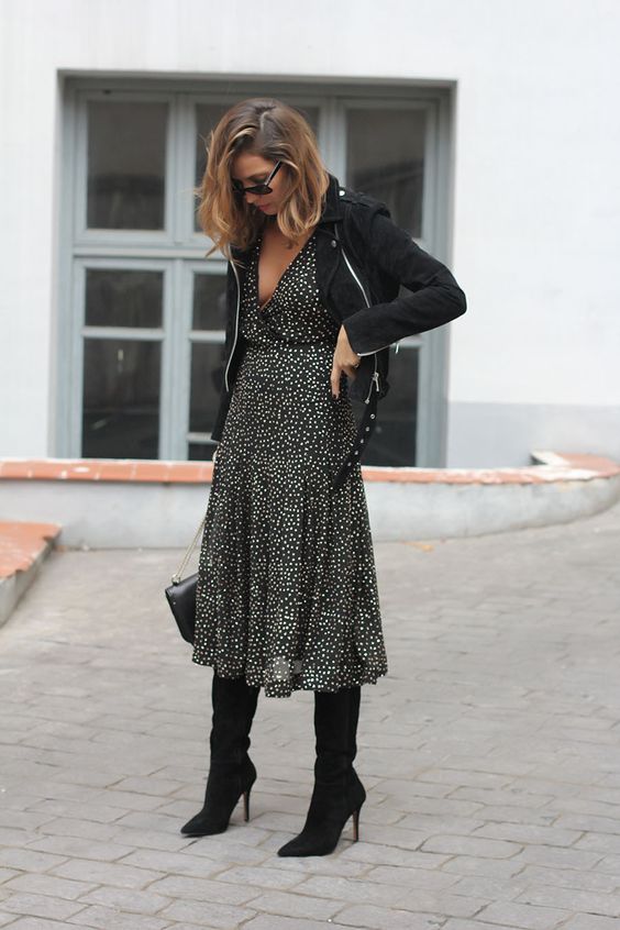 a lovely fall printed midi dress, a black suede moto jacket, black boots and a bag