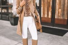 12 a snakeskin print turtleneck, white skinnies, tan slouchy boots, a tan short trench and a tan bag for a casual look