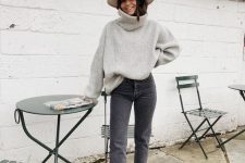 15 a grey chunky sweater, grey cropped jeans, tan snaekskin print boots and a neutral hat for the fall