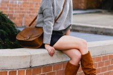 15 a timeless fall look with a grey turtleneck sweater, a black leather mini, rust-colored slouchy boots and a brown bag