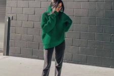 19 grey cropped jeans, black vintage-inspired heels, an emerald green chunky turtleneck sweater a sa color statement