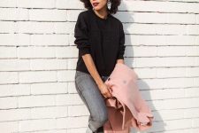 31 a lovely fall look with a black jumper, black skinnies, silver boots, a pink midi coat and statement earrings