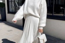 32 a total white look with a fuzzy sweater, a pleated midi skirt, tan mules, a white bag is an amazing idea