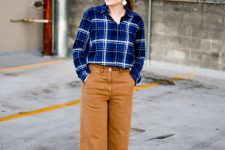 With blue and white plaid shirt and marsala velvet boots