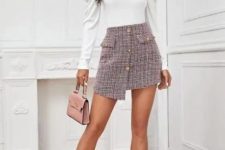 With button front mini skirt, pale pink bag and white ankle boots