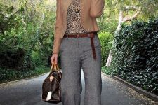 With leopard printed shirt, brown blazer, printed bag and brown shoes