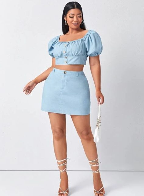 With light blue denim mini skirt, white bag and white lace up sandals