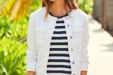 With navy blue and white striped dress