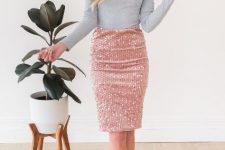 With pale pink pencil skirt and black sandals