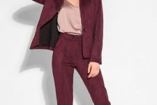 With pale pink satin top and marsala suede blazer