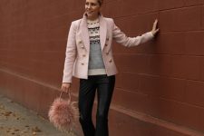 With printed sweater, pale pink blazer, pale pink feather bag and pale pink lace up shoes